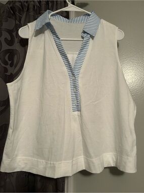Sleeveless Cropped White Polo Tank with Blue Stripe Trim
